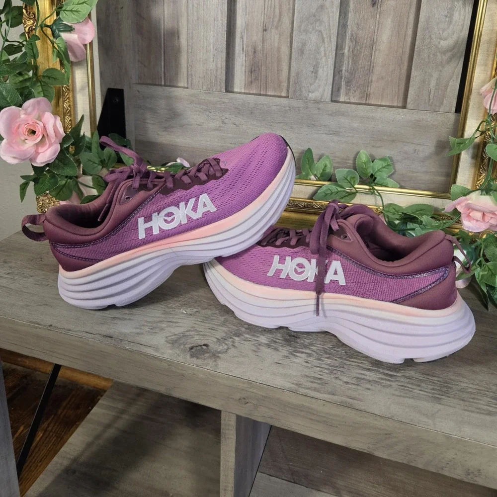 Hoka Bondi 8 Women's Running Shoes Purple Pink White US 8.5B Athletic Sneakers